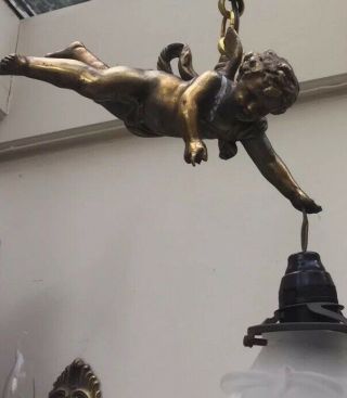 CHERUB ANTIQUE FRENCH WINGED LIGHT FITTING c1930 ABSOLUTELY CHARMING 2
