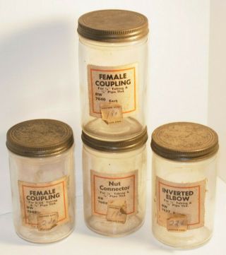 Vintage 1950s - 60s Plumbing Parts Glass Jars With Lids Western Auto Price Labels