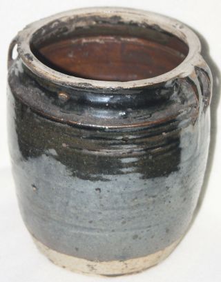 Chinese 17th - 18th Century Dark Brown Shiny Glaze Wide Mouth Twin Handled Jar
