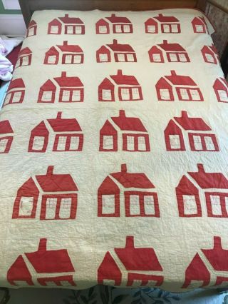 Antique Turkey Red & White School House Applique Quilt Hand Stitched 83 " X 72 "