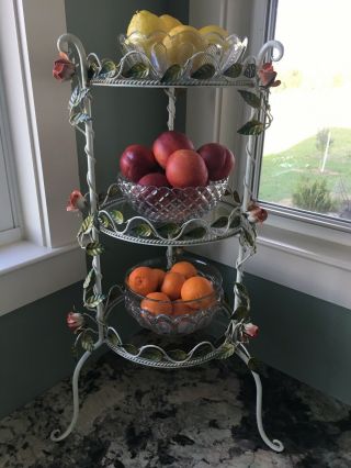 Italian Tole Etagere Plant Stand,  Plate,  Pie Rack,  Table,  Painted Metal Roses