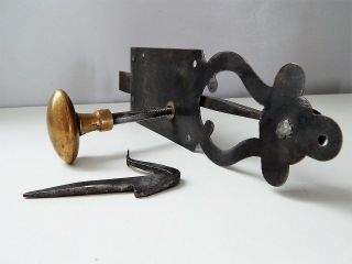 Antique French Wrought Iron Slide Bolt Latch Lock,  Steel & Brass,  Handmade,  Rustic