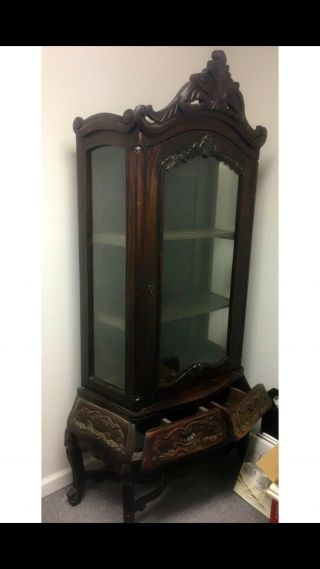 Antique China And Glass Display China Cabinet With Shelves And Skeleton Key