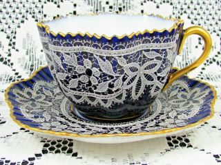 Very Rare Salviati Porcelain Cobalt Tea Cup & Saucer Murano Glass Lace