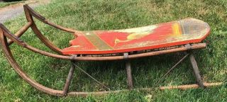 Antique Americana Child’s Old Red Paint & Stencils Wood & Iron Paris Maine Sled