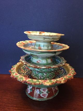 Stack Of Antique Chinese Hand Painted Multicolored Pottery Dishes.