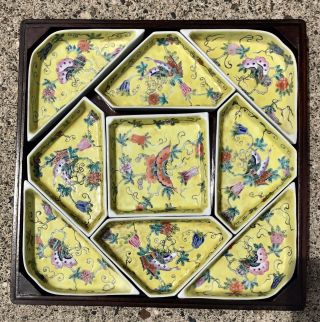 Vintage Chinese Porcelain Yellow Ground Nine Piece Sweetmeat With Wood Tray