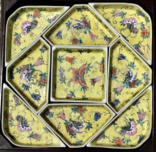 Vintage Chinese Porcelain Yellow Ground Nine Piece Sweetmeat With Wood Tray 2
