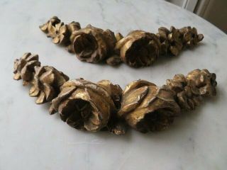 2 Exquisite Old French Barbola Carved Wood Fragments Thick Roses & Flowers Gold