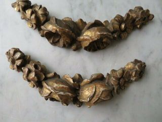 2 EXQUISITE Old French Barbola Carved Wood Fragments Thick ROSES & FLOWERS Gold 2