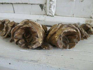 2 EXQUISITE Old French Barbola Carved Wood Fragments Thick ROSES & FLOWERS Gold 8