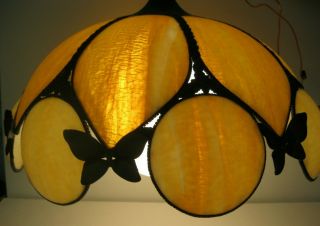 Vintage Slag Glass Brown & Caramel Light Fixture Butterfly Hanging Lamp Large