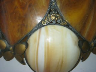 Vintage SLAG GLASS Brown & Caramel LIGHT FIXTURE Butterfly Hanging Lamp LARGE 6