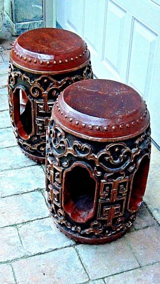 PAIR VTG CHINESE TEAK GARDEN STOOLS RELIEF CARVING AND POLICHROME DECORATIONS 3