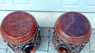 PAIR VTG CHINESE TEAK GARDEN STOOLS RELIEF CARVING AND POLICHROME DECORATIONS 5