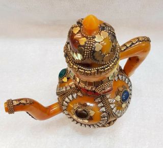 Tibetan Culture Bewax Amber Lovely Teapot With All Agate Stone Ay8i 11
