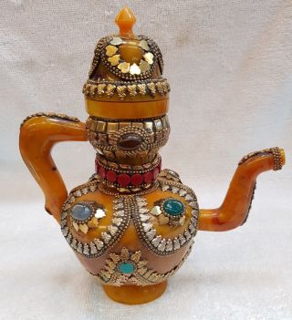Tibetan Culture Bewax Amber Lovely Teapot With All Agate Stone Ay8i 3