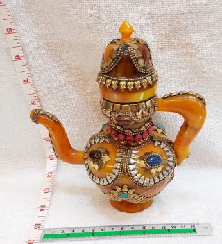 Tibetan Culture Bewax Amber Lovely Teapot With All Agate Stone Ay8i 4