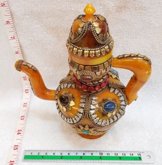 Tibetan Culture Bewax Amber Lovely Teapot With All Agate Stone Ay8i 5