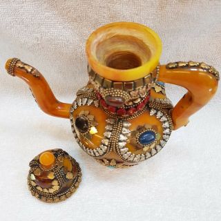 Tibetan Culture Bewax Amber Lovely Teapot With All Agate Stone Ay8i 6