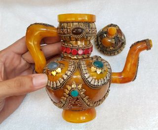Tibetan Culture Bewax Amber Lovely Teapot With All Agate Stone Ay8i 8