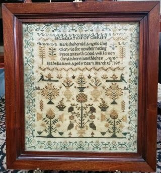 19th C.  Antique 1829 Incarnation Of Christ Sampler Isabella Keen Aged 9 Years