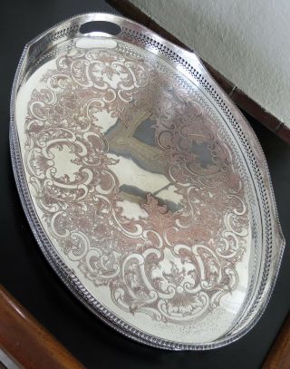 Large English Silver - plate over Copper Pierced Fence Gallery Tray 22.  5 
