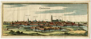 Hand - Coloured Antique Print - Groningen - City Plan - Merian - 1654