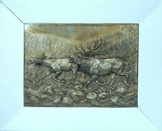 Antique German Silver Hunt WALL PLAQUE Stag Deer 3D Relief c1910 Framed PFLUG 2