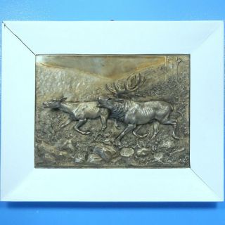 Antique German Silver Hunt WALL PLAQUE Stag Deer 3D Relief c1910 Framed PFLUG 3