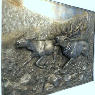 Antique German Silver Hunt WALL PLAQUE Stag Deer 3D Relief c1910 Framed PFLUG 4