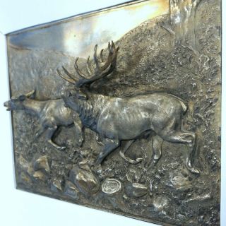 Antique German Silver Hunt WALL PLAQUE Stag Deer 3D Relief c1910 Framed PFLUG 5
