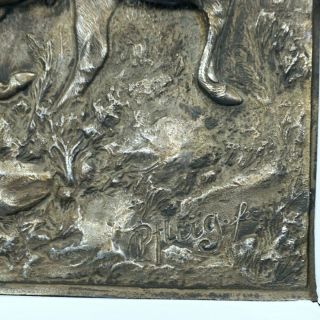 Antique German Silver Hunt WALL PLAQUE Stag Deer 3D Relief c1910 Framed PFLUG 6