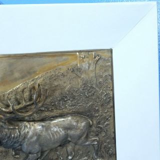 Antique German Silver Hunt WALL PLAQUE Stag Deer 3D Relief c1910 Framed PFLUG 8