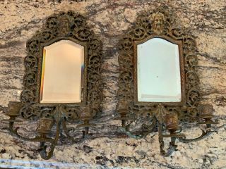 Incredible Matched Victorian Bronze Beveled Mirror Wall Sconce Greek God