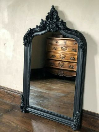 Matt Black French Ornate Statement Over Mantle Scroll Table Top Arch Wall Mirror 3
