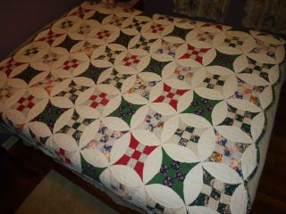 Gorgeous Vtg 9 Nine Patch Variation Quilt Stars In Circles Hand Quilted Stitched