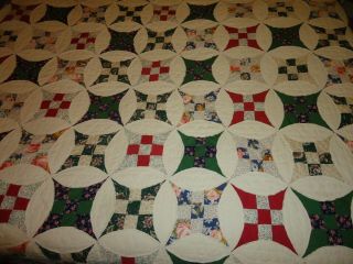 GORGEOUS VTG 9 NINE PATCH VARIATION QUILT STARS IN CIRCLES HAND QUILTED STITCHED 2
