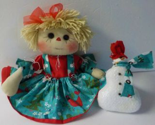 Primitive HM Raggedy Ann CHRISTMAS IN JULY BUTTON EYE DOLL SALLIE ANN /SNOWMAN 3