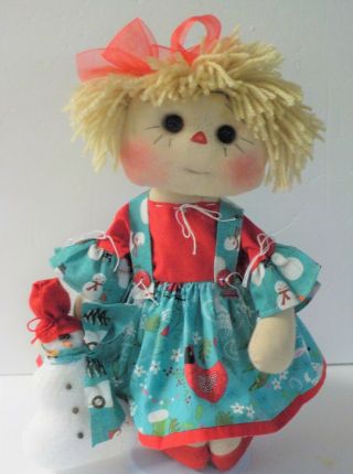 Primitive HM Raggedy Ann CHRISTMAS IN JULY BUTTON EYE DOLL SALLIE ANN /SNOWMAN 6