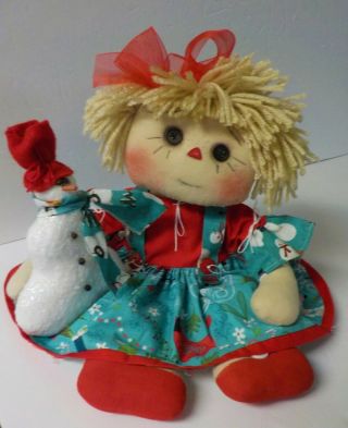 Primitive HM Raggedy Ann CHRISTMAS IN JULY BUTTON EYE DOLL SALLIE ANN /SNOWMAN 9