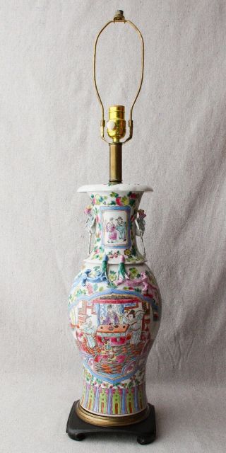 Antique Chinese Famille Rose Canton Porcelain Vase Lamp Salamander Phoenix 34 "