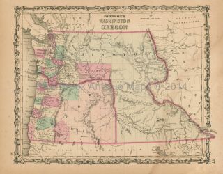 Washington Oregon Antique Map Johnson 1862