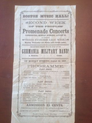 Rare 1857 Handbill Germania Military Band,  Boston,  A.  Heinicke,  Leader