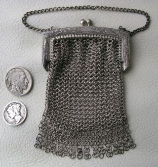 Antique Victorian Engraved Silver T Chatelaine Chain Mesh Coin Purse W&d