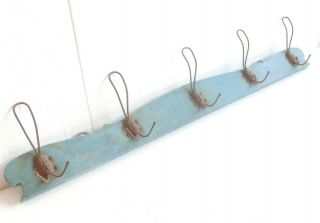 Antique Hat Coat Rack Hanger W/ 5 Fixed Wire Hooks 37 " Primitive Wood Blue Paint