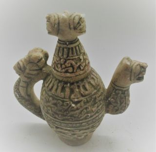 Ancient Near Eastern Crystal Carved Vessel With Ram Head Terminals