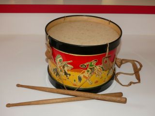 Vintage circa 1930 ' s tin toy drum with cowboys and indians on horseback 2