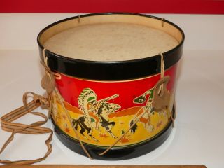 Vintage circa 1930 ' s tin toy drum with cowboys and indians on horseback 4