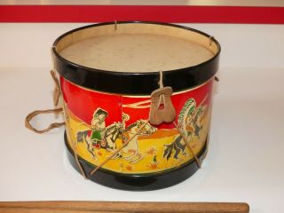 Vintage circa 1930 ' s tin toy drum with cowboys and indians on horseback 5